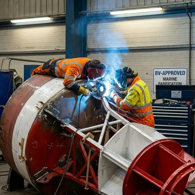 Skilled marine fabricator welding the curved steel hull of a gigantic offshore navigational buoy