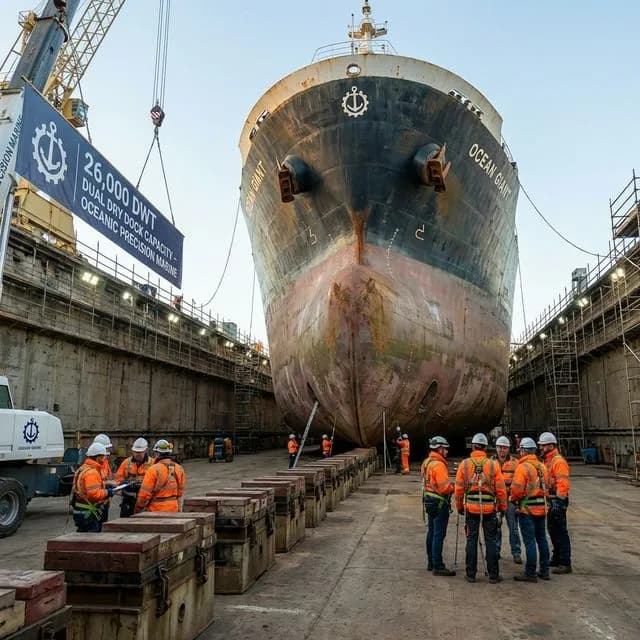Marine engineers performing precision maintenance inside a commercial dry dock