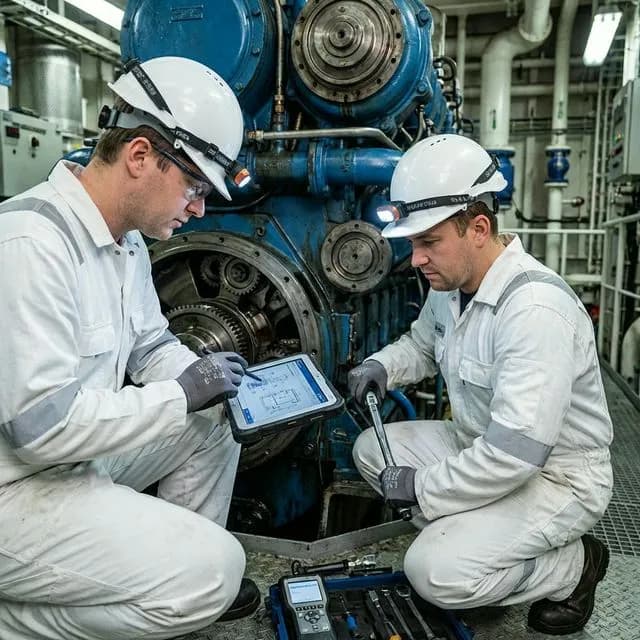 Marine engineers operating advanced diagnostics on a major diesel propulsion engine