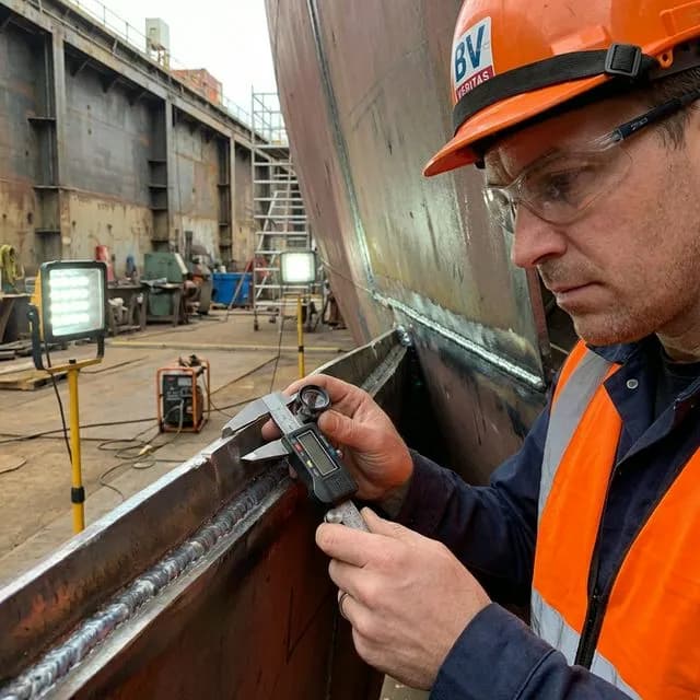 Marine structural engineer inspecting a massive heavy-duty steel hull plate weld
