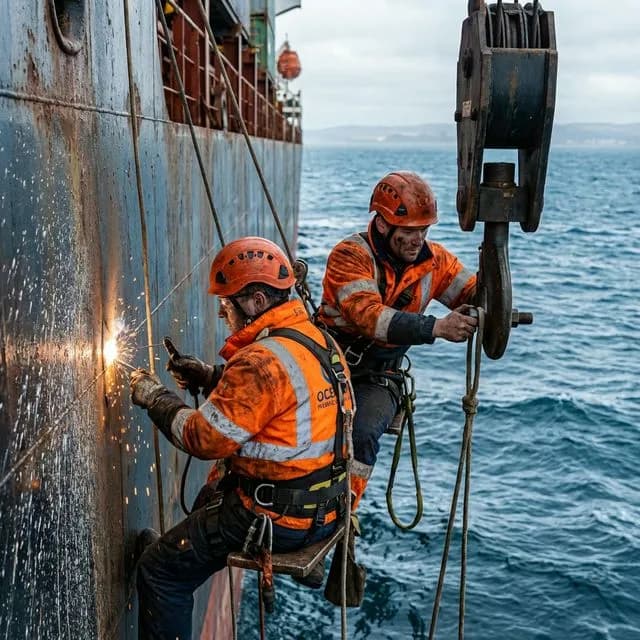Marine engineers performing exterior hull maintenance at sea