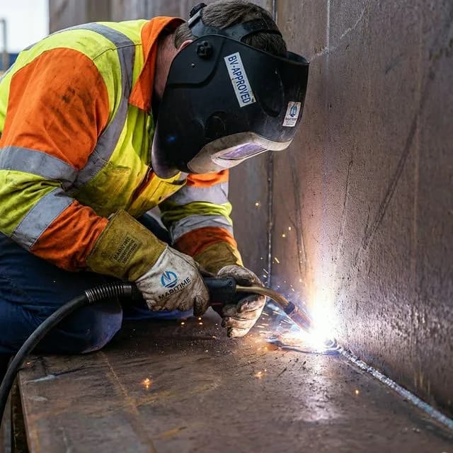 Certified marine engineer meticulously welding a thick steel pipe joint